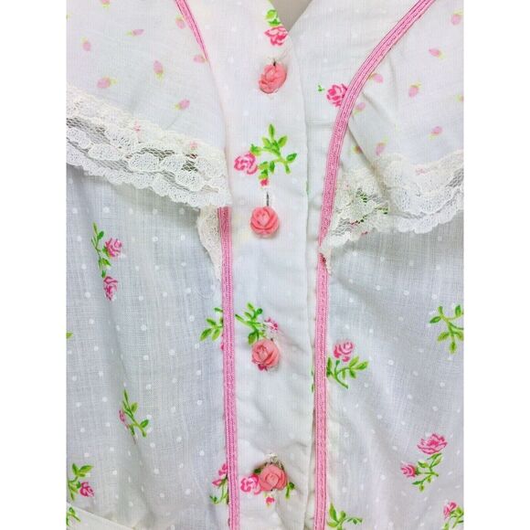 Vintage 70s White Swiss Dot Calico Floral Rose Button-Down Tiered Prairie Dress - Picture 4 of 9